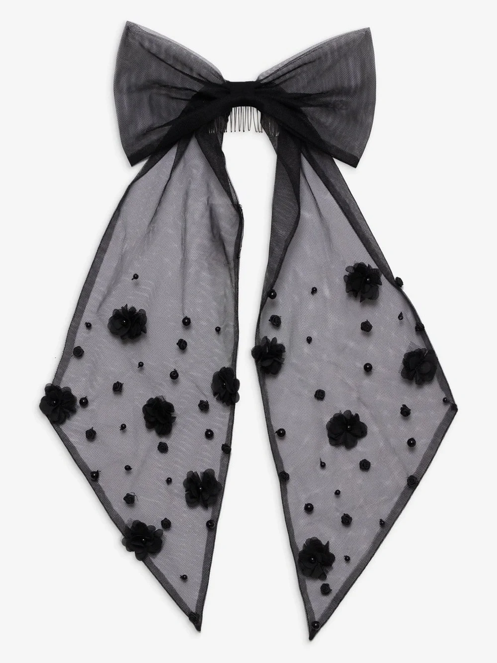 For Love And Lemons Black Floral Mesh Bow Scarf with Comb